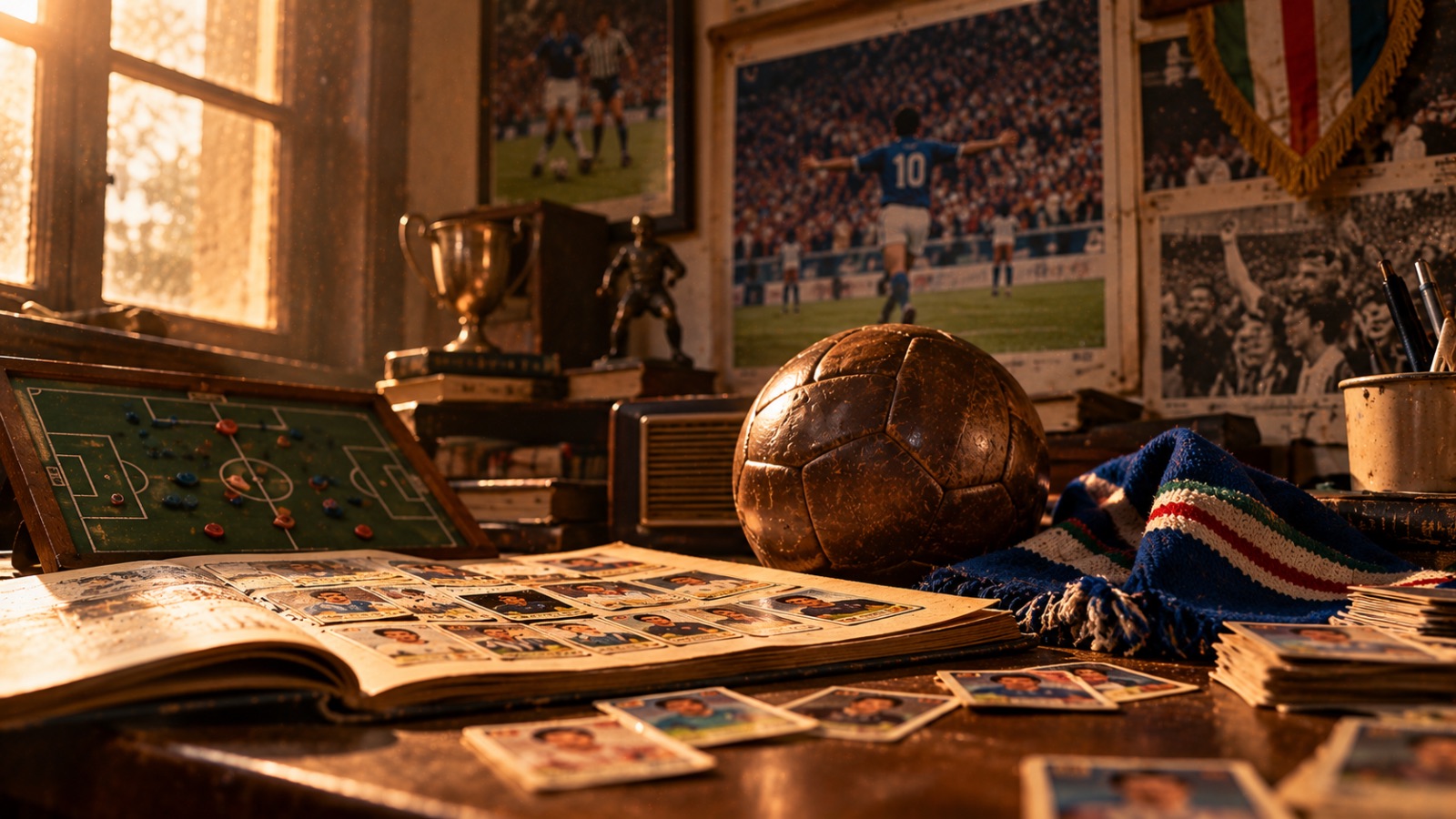 Album di figurine, pallone d’epoca e poster sul tavolo